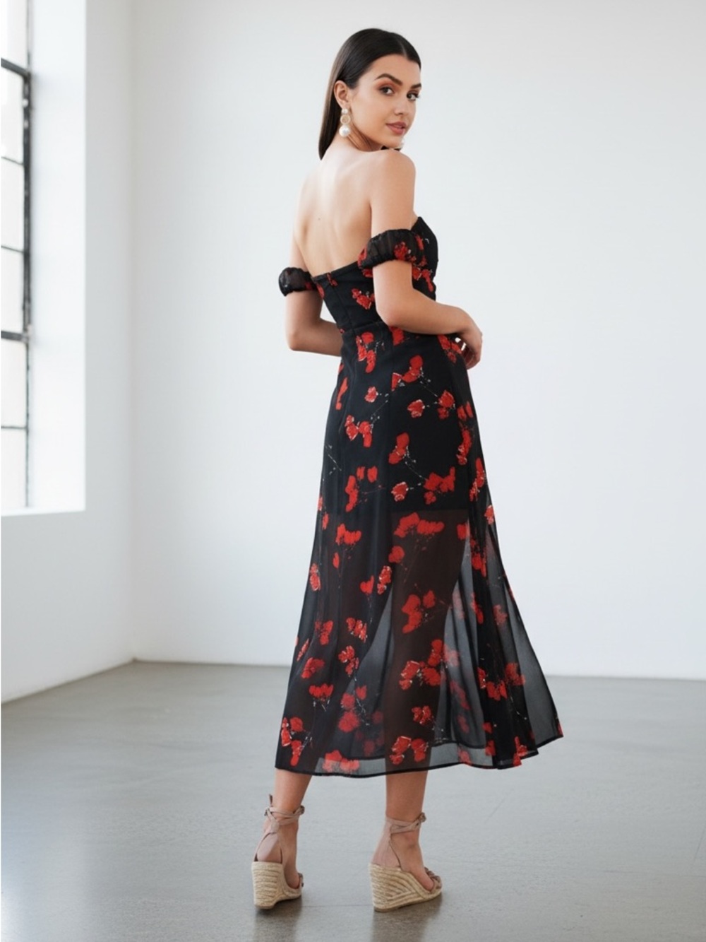 Off-Shoulder Black Dress with Red Floral Print - Picture 2 of 2